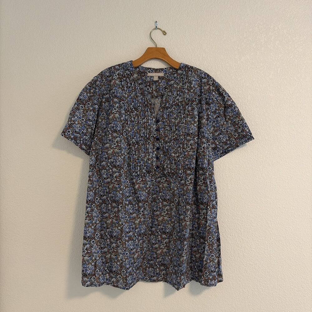 NEW Woman Within Women’s Soft Plus 1X Blue Floral Blouse Buttons Plus Size